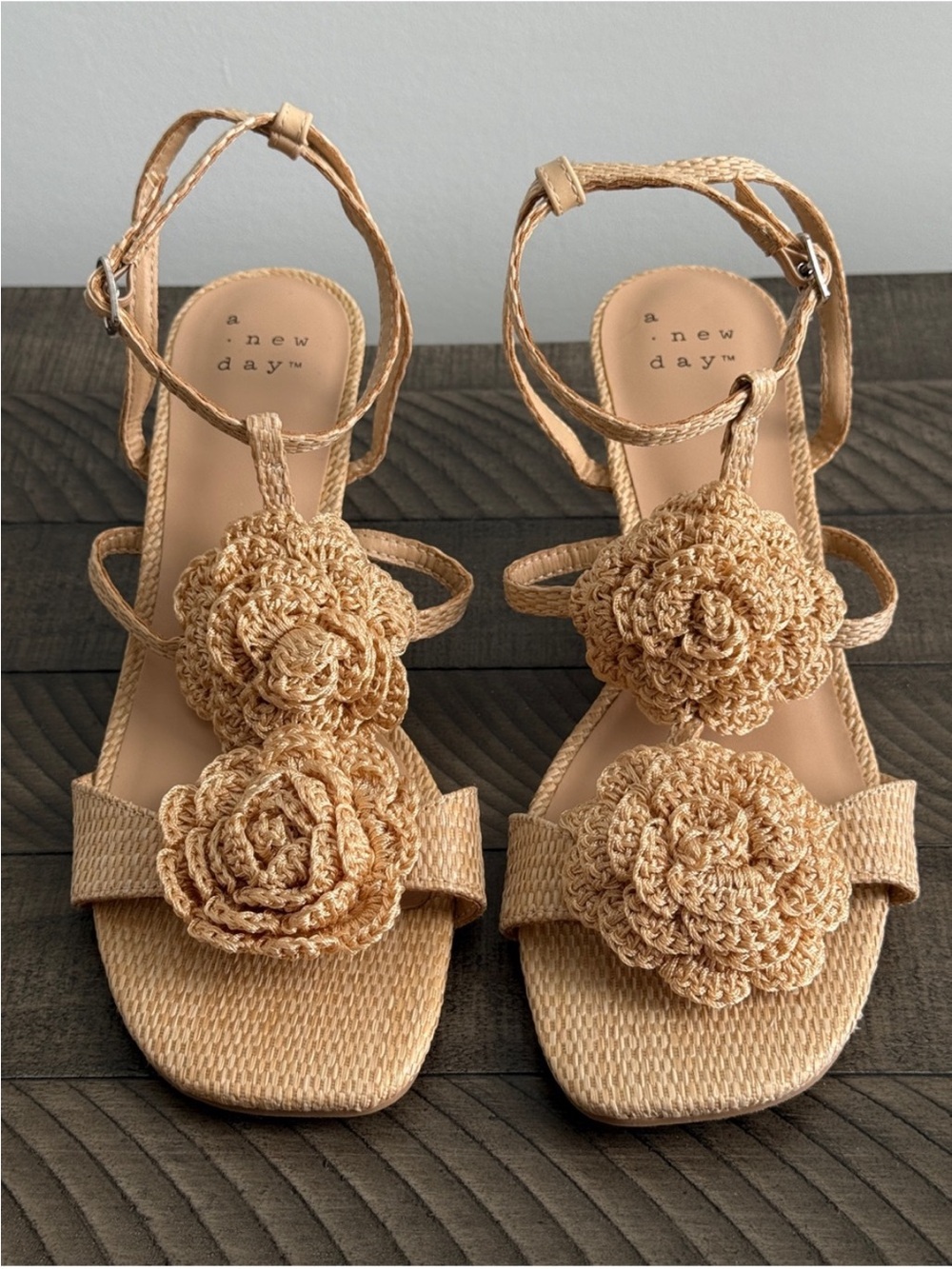 ❤️… A New Day Tan Esme Floral Crochet Heeled Sandals